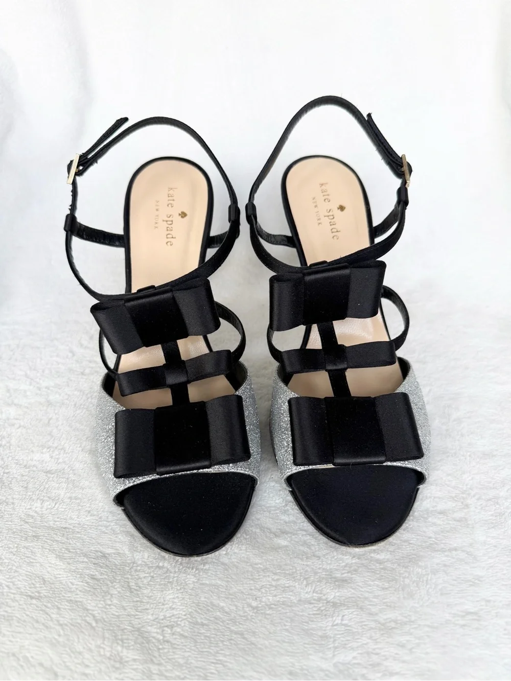 Kate Spade New York Silver Satin Bow Slingback Sandals 8.5